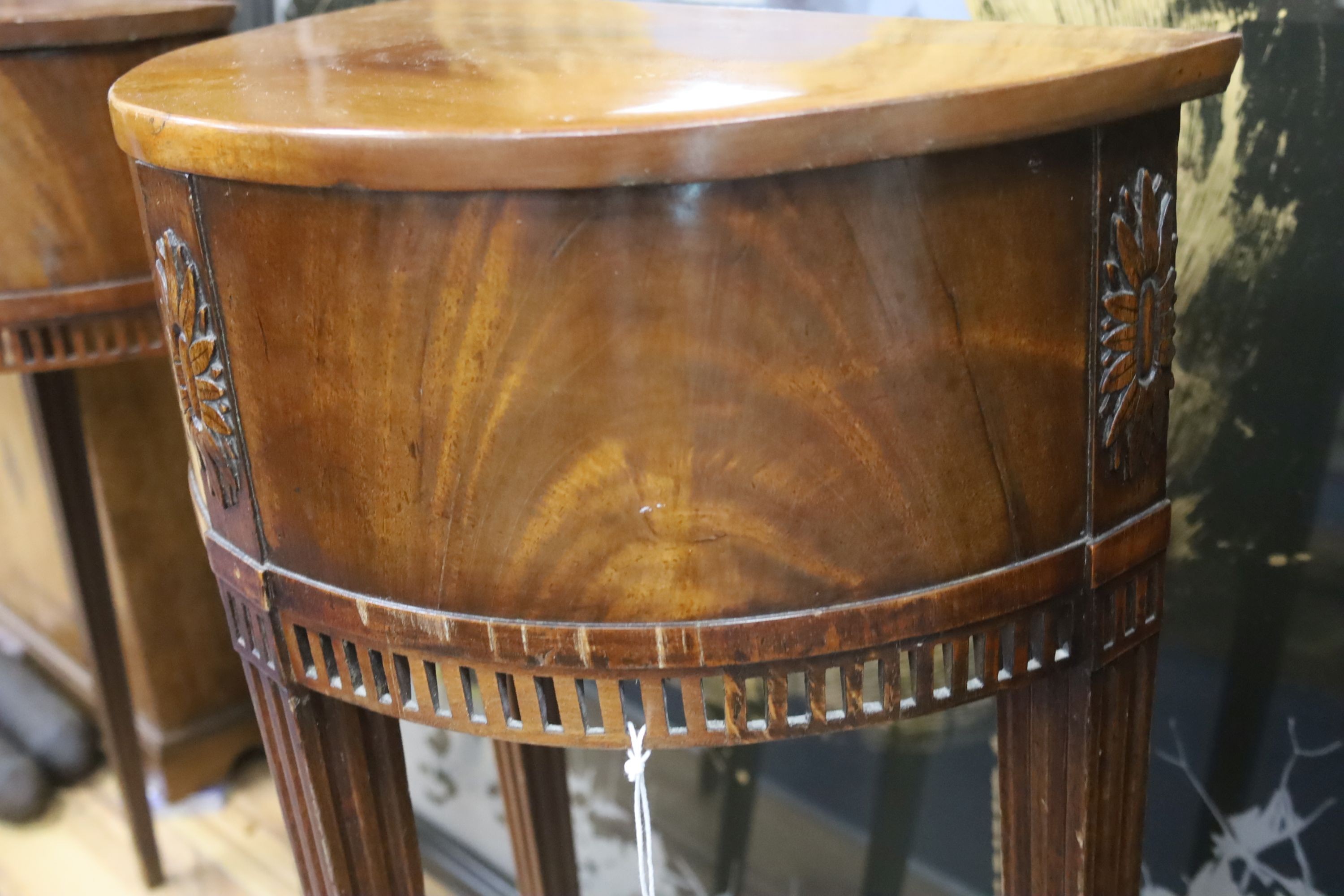 A pair of late 19th century Dutch mahogany demi lune console tables, width 42cm, depth 24cm, height 80cm